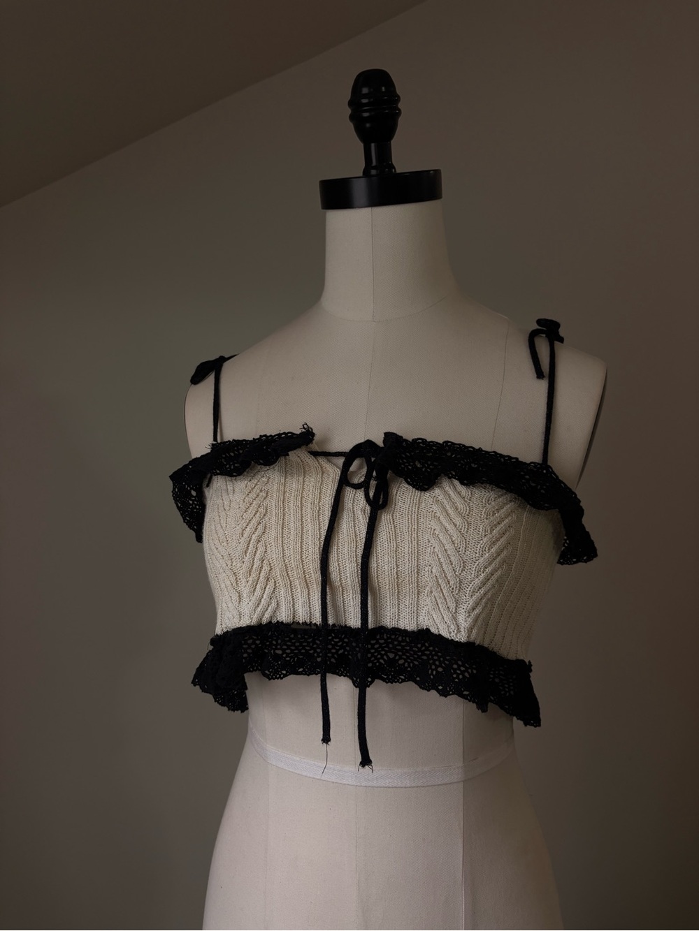 Zara Cable Knit Crop Top with Black Lace Trim